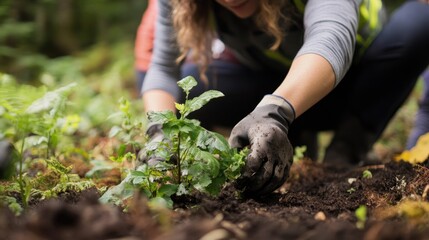 Naklejka premium Show conservationists restoring wildlife habitats, planting native species and removing invasive plants to support biodiversity