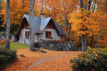 Charming stone cottage surrounded by vibrant autumn foliage in a peaceful forest setting