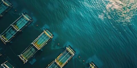 Bird's-eye perspective of a fish farming facility featuring floating enclosures in azure waters, depicting the aquaculture sector.