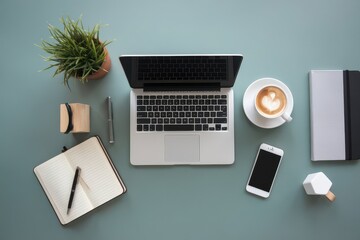 Flat Lay of Workspace with Laptop, Coffee, Notebook, and Phone.