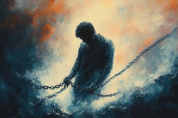 individual breaking free from chains in a dramatic pose symbolizing liberation and newfound freedom against a stark contrasting background