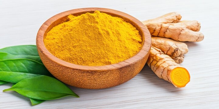 Turmeric Powder and Root on White Wooden Background