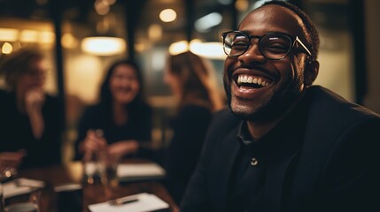 Smiling Man Enjoys Conversation in Modern Café Setting