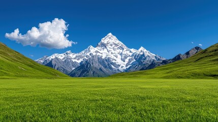 Fototapeta premium Majestic Snow capped Mountain Peak with Lush Green Meadow and Blue Sky