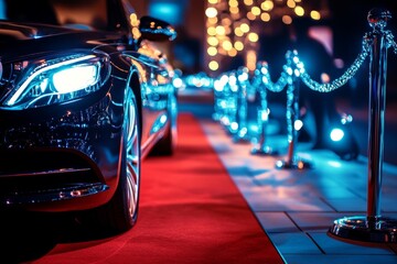 Luxury car parked on a red carpet with elegant rope barriers illuminated by blue lights during an evening event