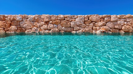 Fototapeta premium Stone Wall Above Turquoise Pool Water Clear Blue Sky Summer Vacation