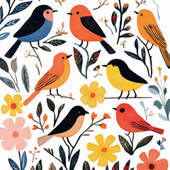 Naklejka premium Whimsical illustration of cheerful birds and flowers with vibrant colors 