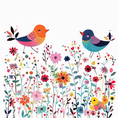 Whimsical illustration of cheerful birds and flowers with vibrant colors
