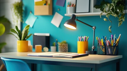  Capture a student desk with trendy accessories like a stylish lamp, desk organizer, and colorful stationery, creating a modern and functional study area