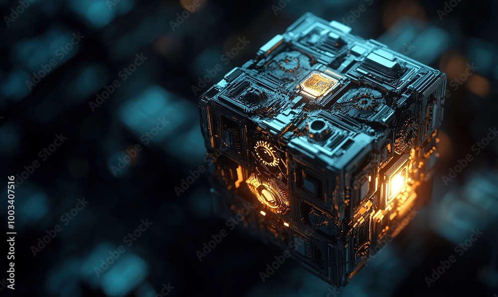 Poster a close-up of an isometric cube with various geometric shapes and fractal patterns on its surface