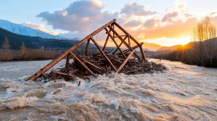 Collapsed Bridge in Fast Moving Floodwater at Sunset