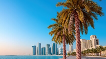 Obraz premium Doha Skyline with Palm Trees and Turquoise Water Qatar Cityscape