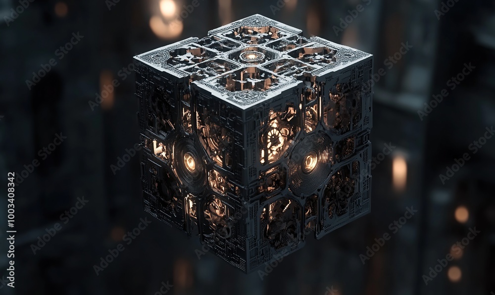 Poster a close-up of an isometric cube with various geometric shapes and fractal patterns on its surface