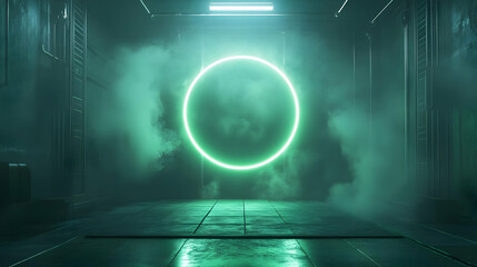 Abstract 3D Render: Green Neon Ring, Fog, and Dark Corridor