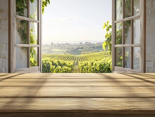 Fototapeta premium Empty wooden table, vineyard view out of open window. Template for product presentation - ai