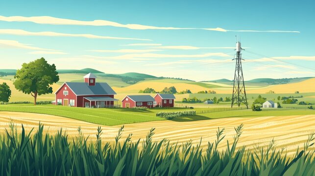 A rural medical clinic surrounded by farmland, where doctors and patients are using technology connected to a nearby Wi-Fi tower, enabling telemedicine in underserved areas