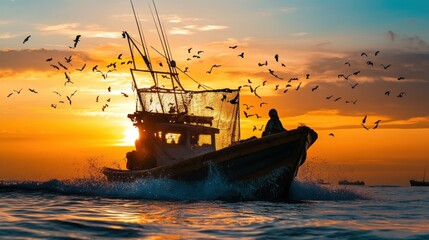 Naklejka premium Capture fishermen using sustainable methods to catch seafood, emphasizing the importance of protecting marine ecosystems
