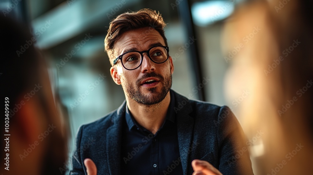 Poster Professional Man Engaging in Conversation at Meeting