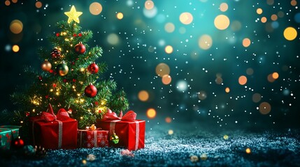 Christmas Tree with Presents and Lights in Snowy Setting