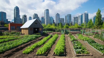 Show an urban farm where residents grow their own food, illustrating sustainable agriculture in a city setting