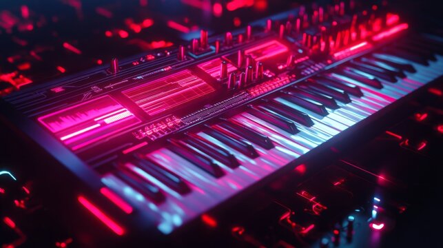A futuristic synthesizer with glowing pink and blue lights.