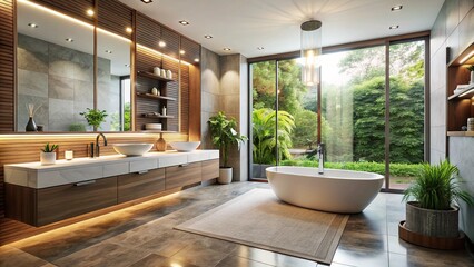 Fototapeta premium A chic bathroom featuring sleek fixtures, ample natural light, and minimalist decor creates a serene and stylish atmosphere, perfect for relaxation and rejuvenation.