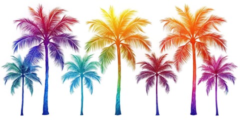Obraz premium A collection of palm tree silhouettes isolated on a white background, perfect for enhancing posters, banners, and backgrounds with a tropical vibe.
