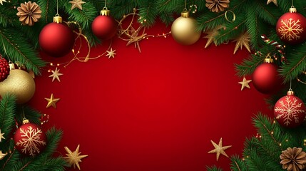 Festive Christmas Ornaments and Pine Branches on Red Background