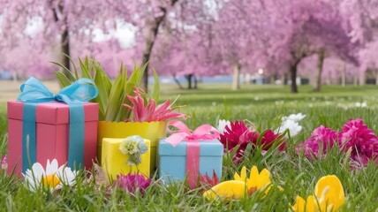 Gift Boxes in Spring Garden. - Powered by Adobe