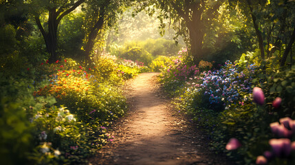 Obraz premium Enchanted garden path: a fantasy landscape of magical fairytale elements, inviting the viewer into a world of dream and imagination. Fae. Illustration