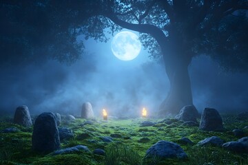 Fototapeta premium Mesmerizing Moonlit Ritual in Enchanted Woodland Glade with Druids and Pagans Performing Ancient Ceremony