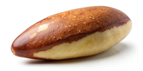A detailed close-up of a solitary Brazil nut, casting a gentle shadow, set against a pristine white backdrop, perfect for food imagery inspiration.