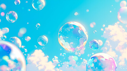 美しい青空に舞うたくさんのしゃぼん玉のイラスト背景