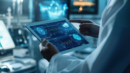 Show a doctor using a tablet to access patient records and innovative medical devices, illustrating advancements in healthcare technology 
