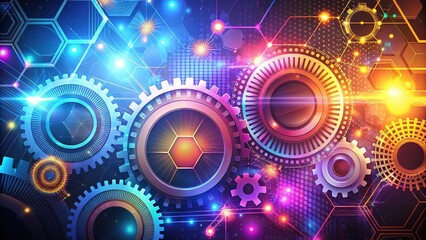 Obraz premium A futuristic vector background featuring glowing gears, hexagons, dots, and geometric shapes, ideal for cutting-edge technology designs and digital landscapes. Vivid and captivating.