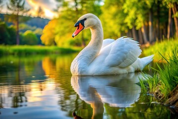 Obraz premium A graceful white swan glides through tranquil waters, its serene reflection mirroring beauty, while a gentle curve of its neck enhances the peaceful nature scene.
