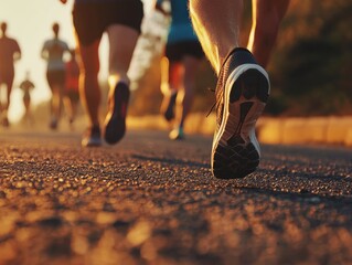 close up legs runner group running on sunrise seaside trail - ai