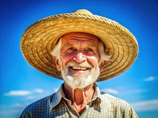 Fototapeta premium A joyful elderly man, donning a straw hat, smiles brightly under a vibrant blue sky, radiating warmth and happiness in the pleasant sunlight.