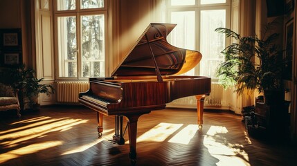 A grand piano stands in a sunlit room, with the lid open and light streaming through the windows.