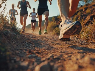 close up legs runner group running on sunrise seaside trail - ai