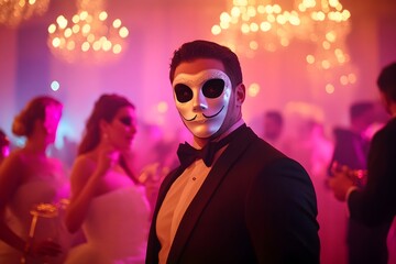 Dashing Gentleman Attends Lavish Masquerade Ball in Opulent Ballroom