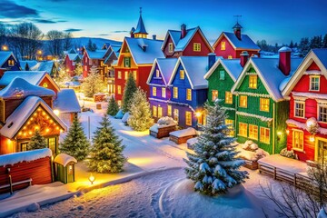 Fototapeta premium A lively winter scene showcasing colorful homes adorned with festive decorations, creating a cheerful atmosphere for joyous seasonal celebrations in a charming town.