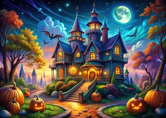 A magical Halloween palace adorned with whimsical architecture, enveloped in a spooky atmosphere, creating an enchanting scene filled with mystery and delight for all.