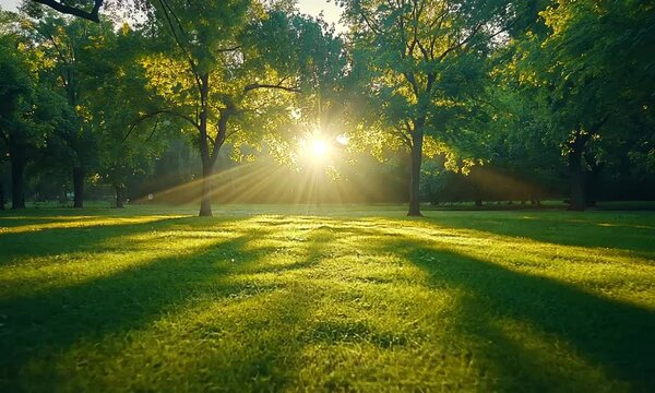 Serene sunrise over a lush green park with tall trees.
