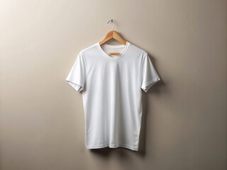 A plain white t-shirt suspended on a wooden hanger, featuring a minimalistic backdrop, ideal for showcasing design mockups and visual presentations.