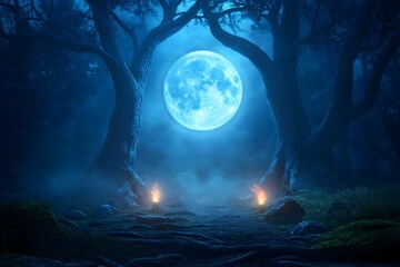 Enchanted Forest Mystical Samhain Ritual Under Glowing Moonlight with Druids and Pagans Performing Ancient Ceremony