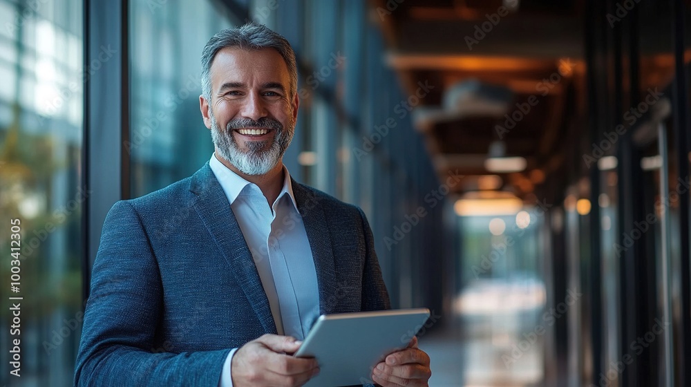 Sticker Professional Man Smiling with Tablet in Modern Office