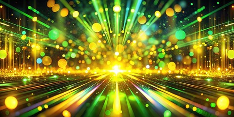 Naklejka premium A stunning 3D rendering showcases an abstract yellow-green neon backdrop, illuminated by vibrant, colorful light rays that radiate energy and depth throughout the scene.