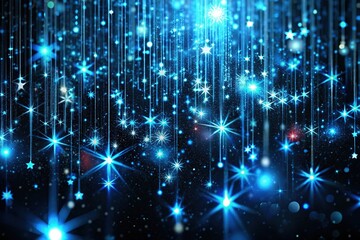 Fototapeta premium A stunning black and blue matrix design features radiant particles cascading against a dark backdrop, while shimmering asterisks twinkle with brilliance, creating a mesmerizing atmosphere.