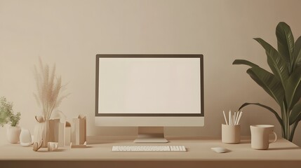 3D Minimal desktop with blank screen mockup, Empty screen for text, and logo replacement concept. 3d render illustration. 